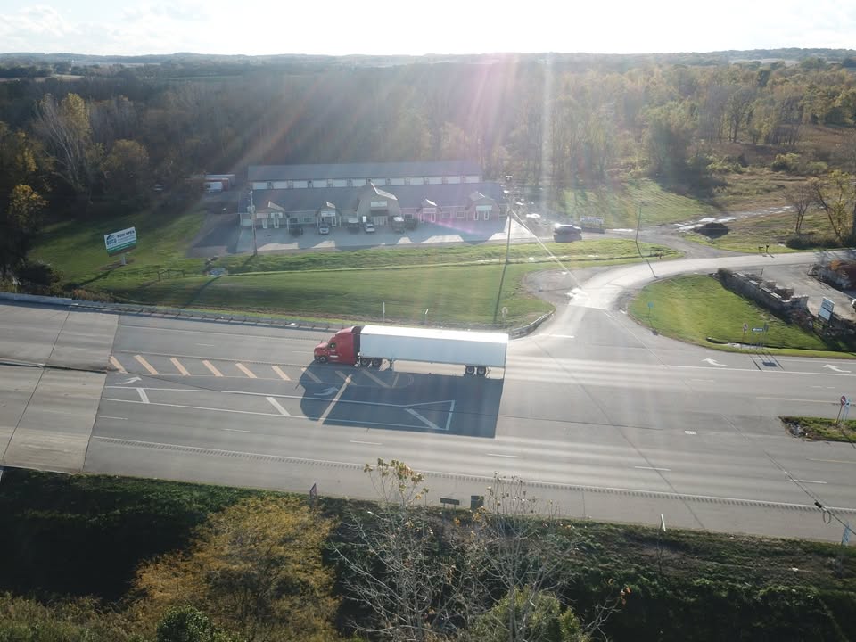 Aerial view that shows Buckeye Flex Space along Route 33 with truck traffic